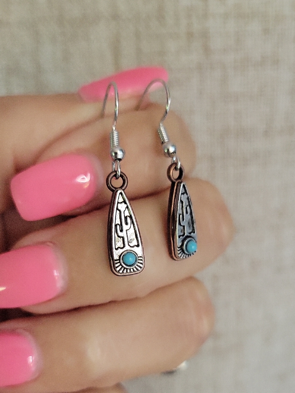 Dainty Cactus Silver-Tone Copper Turquoise Drop Earrings - Women's Jewelry